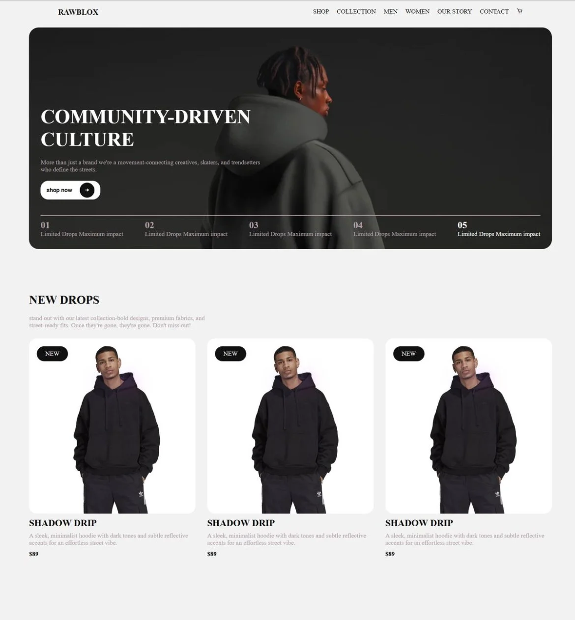 Online clothing store homepage featuring a dark-themed hero section with a person in a hoodie, bold text "Community-Driven Culture," and a "Shop Now" button. Below are new hoodie product listings with images of a male model in black hoodies, labeled 