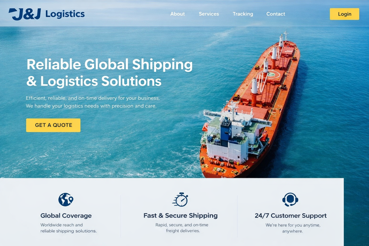 A cargo ship sailing on the ocean, with the website header for J&J Logistics, featuring navigation links for About, Services, Tracking, and Contact, a yellow Login button, and a prominent yellow Get a Quote button.