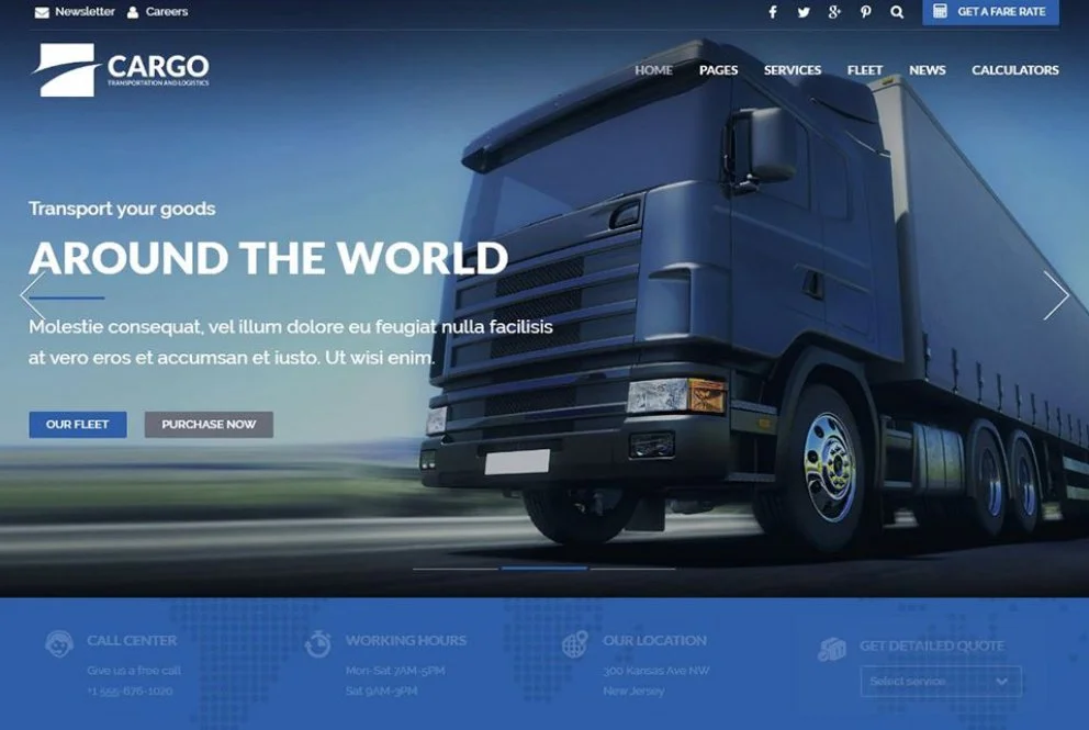 Homepage of a trucking company's website with a large semi-truck on the front. The page has a blue theme and contains navigation links and a call-to-action button.