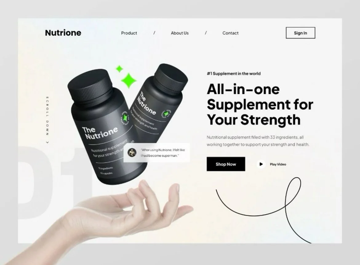 Website homepage featuring a supplement product called "The Nutrione" with two black bottles, a hand underneath, and text promoting an all-in-one supplement for strength.