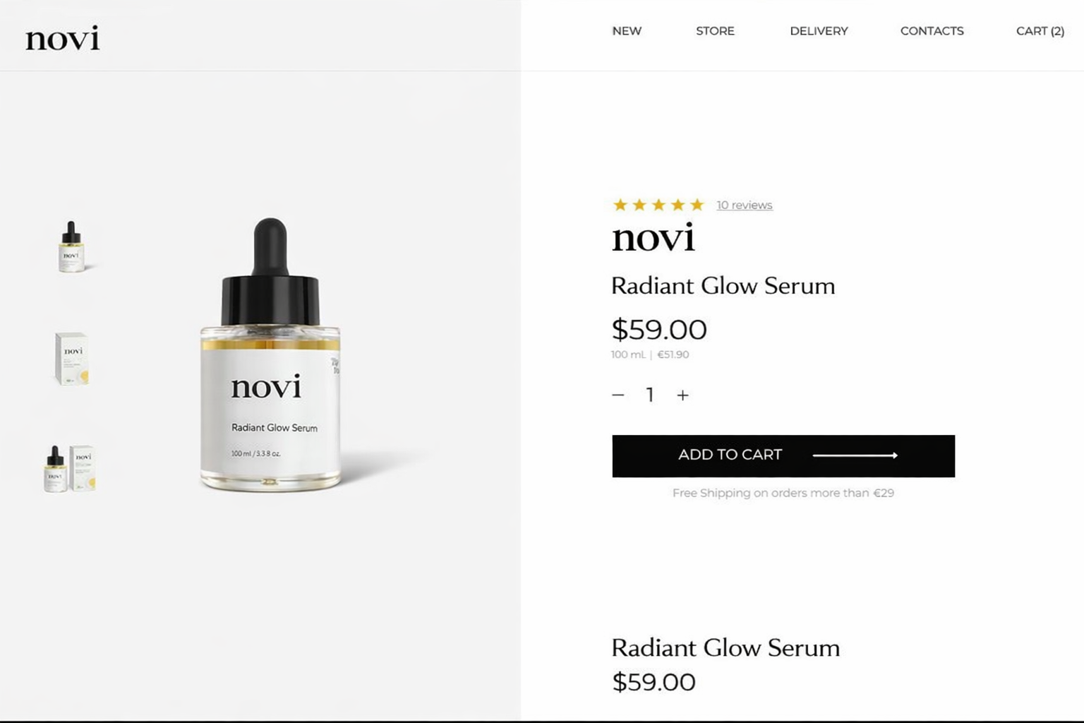 Online product page for novi Radiant Glow Serum, showing product image, name, price, and add to cart button.
