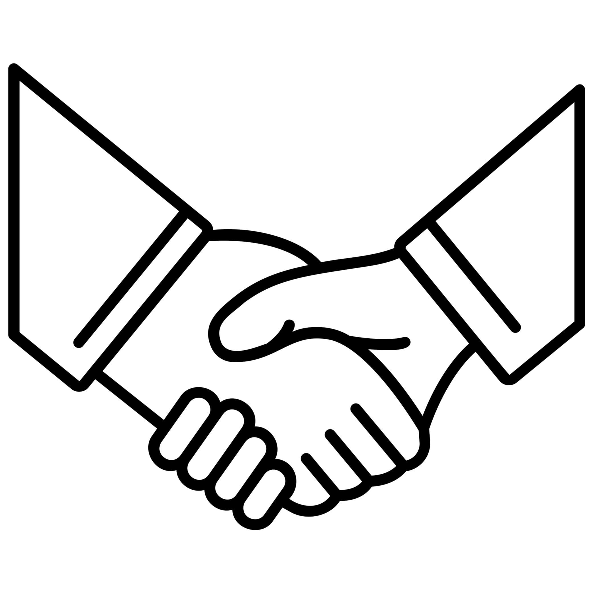 Outline drawing of two hands shaking.