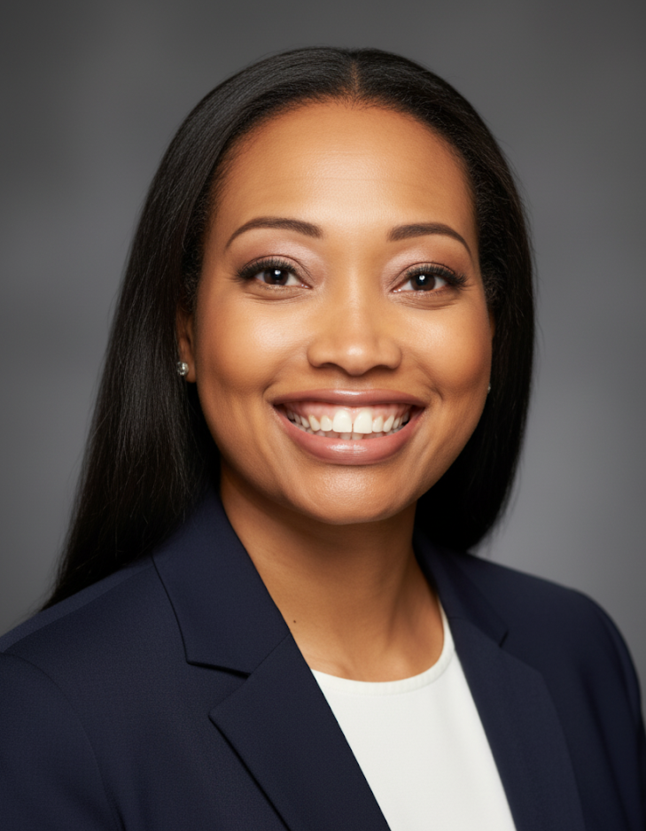 A smiling woman with straight black hair and wearing a white and grey striped top.