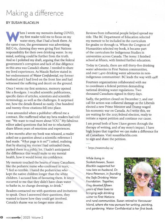 Susan Blacklin’s article in the WordWorks (Federation of BC Writers) Magazine (2025, Volume 2), titled “Making a difference”. 