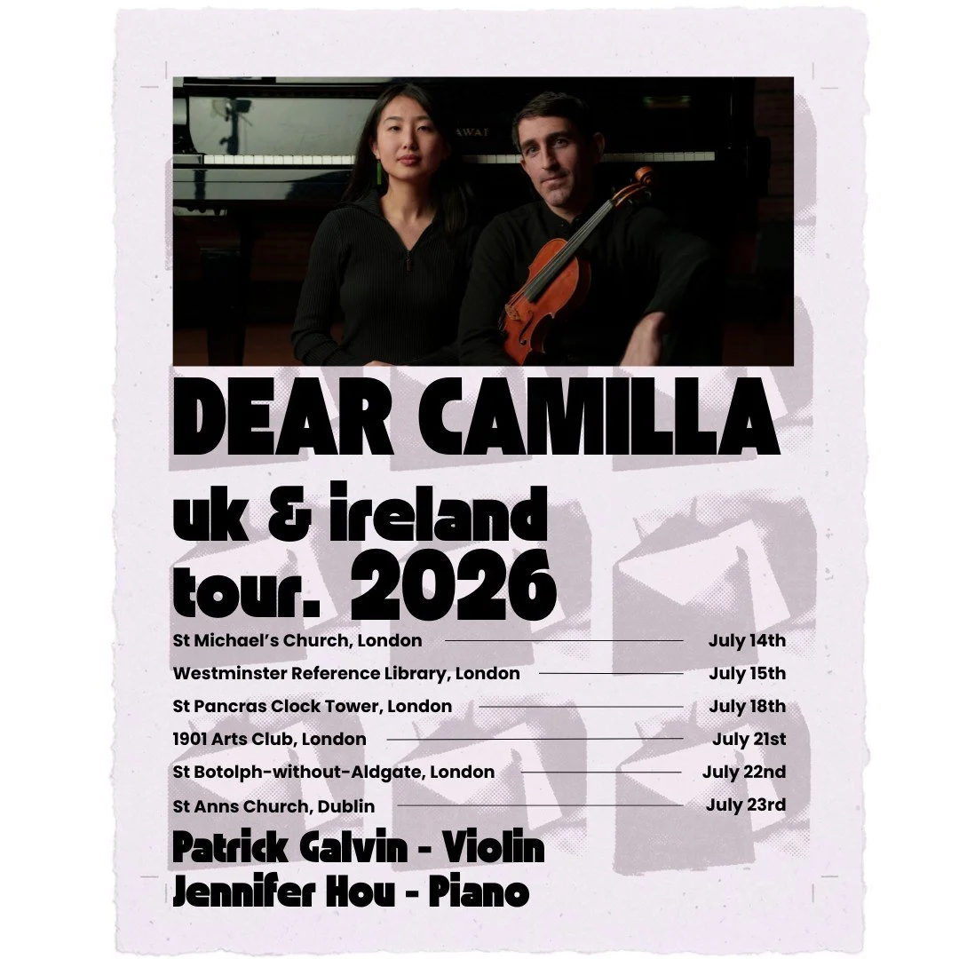 ✨TOUR ANNOUNCEMENT✨

I&rsquo;m so excited to share that this July, Patrick &amp; I will be taking our album Dear Camilla on tour to the UK &amp; Ireland. 

This program is very close to both of us. Dear Camilla, honors the life and influence of Patri