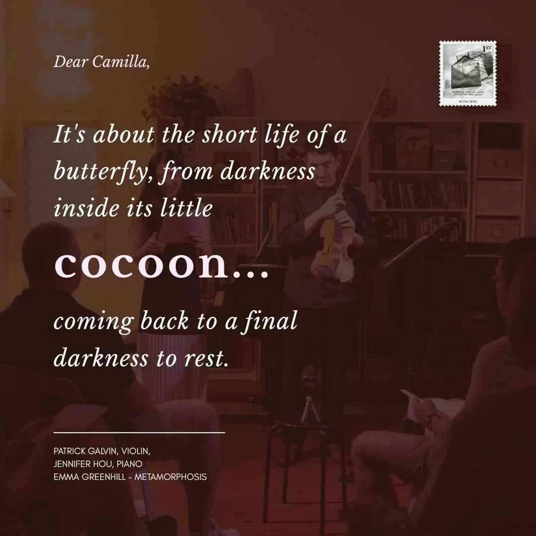 Dear Camilla, unfolds as a series of pieces threaded together by letters &mdash; narrated live by Patrick and me &mdash; written in tribute to his teacher, the violinist Camilla Wicks.

Two works on this tour are especially close to our hearts: deepl