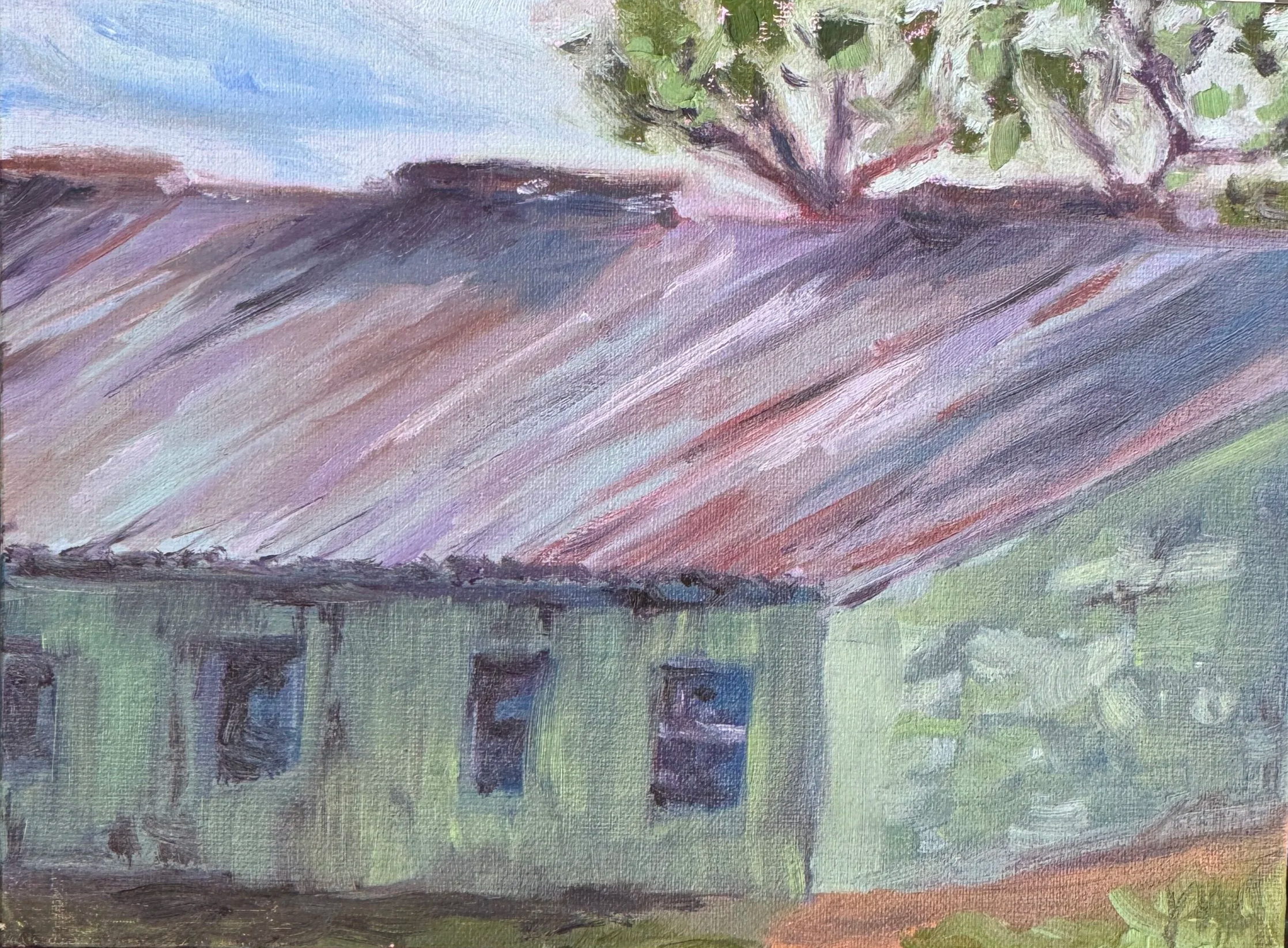 Montgomery Time,  2025, oil on canvas panel 6x8 | I settled into our AirBNB, excited to be with Greg for a few weeks and even more excited to be on the road towards our future together. I spent slow mornings on our porch before the thick  heat came i