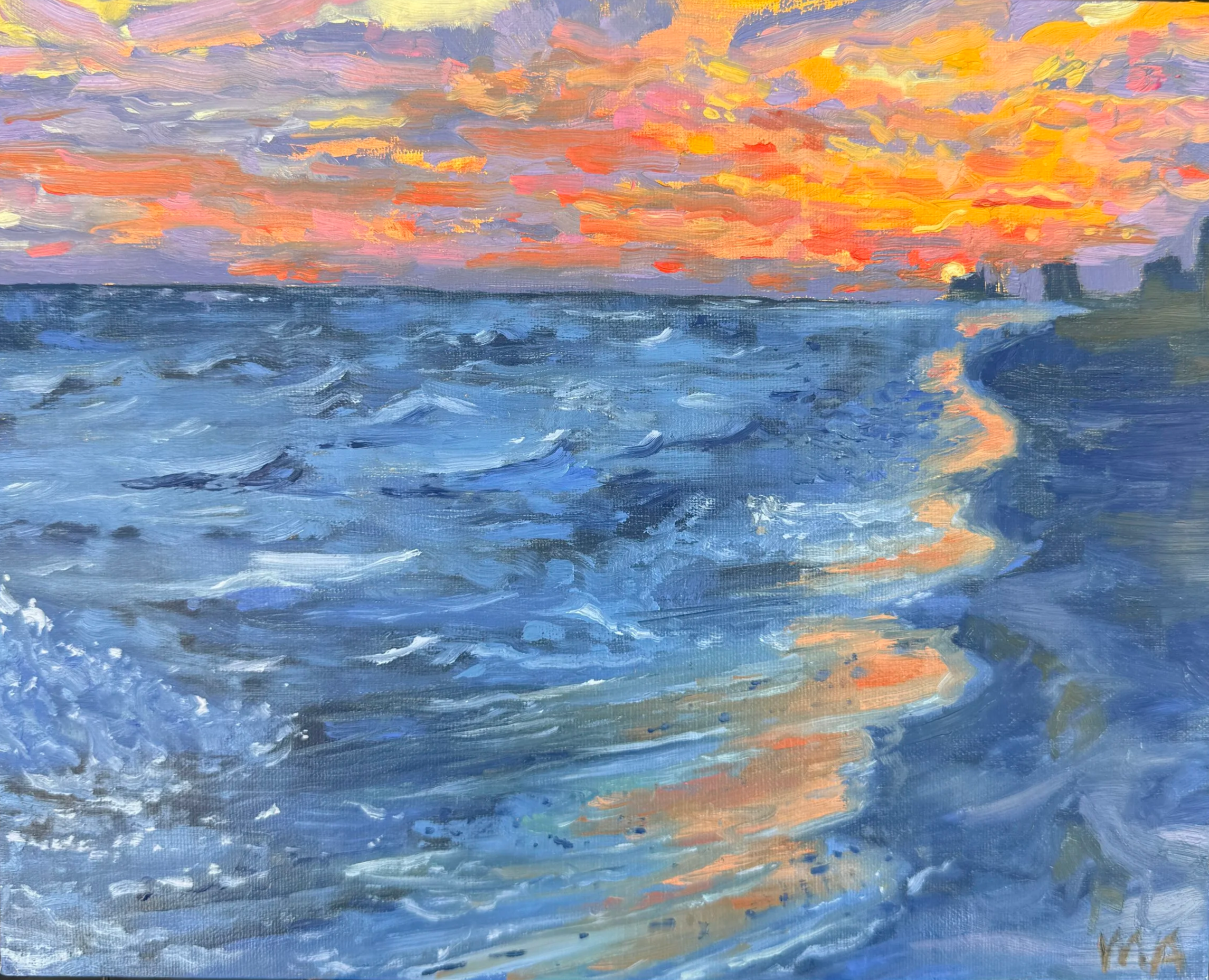 Orange Beach Burner, 2025, oil on panel, 8x10 | Just as I was getting comfortable in my new, slow, southern life, I was jolted back to reality. . Greg had to head back to Guam a week early due to the good ole government shut down. I pivoted my plans,