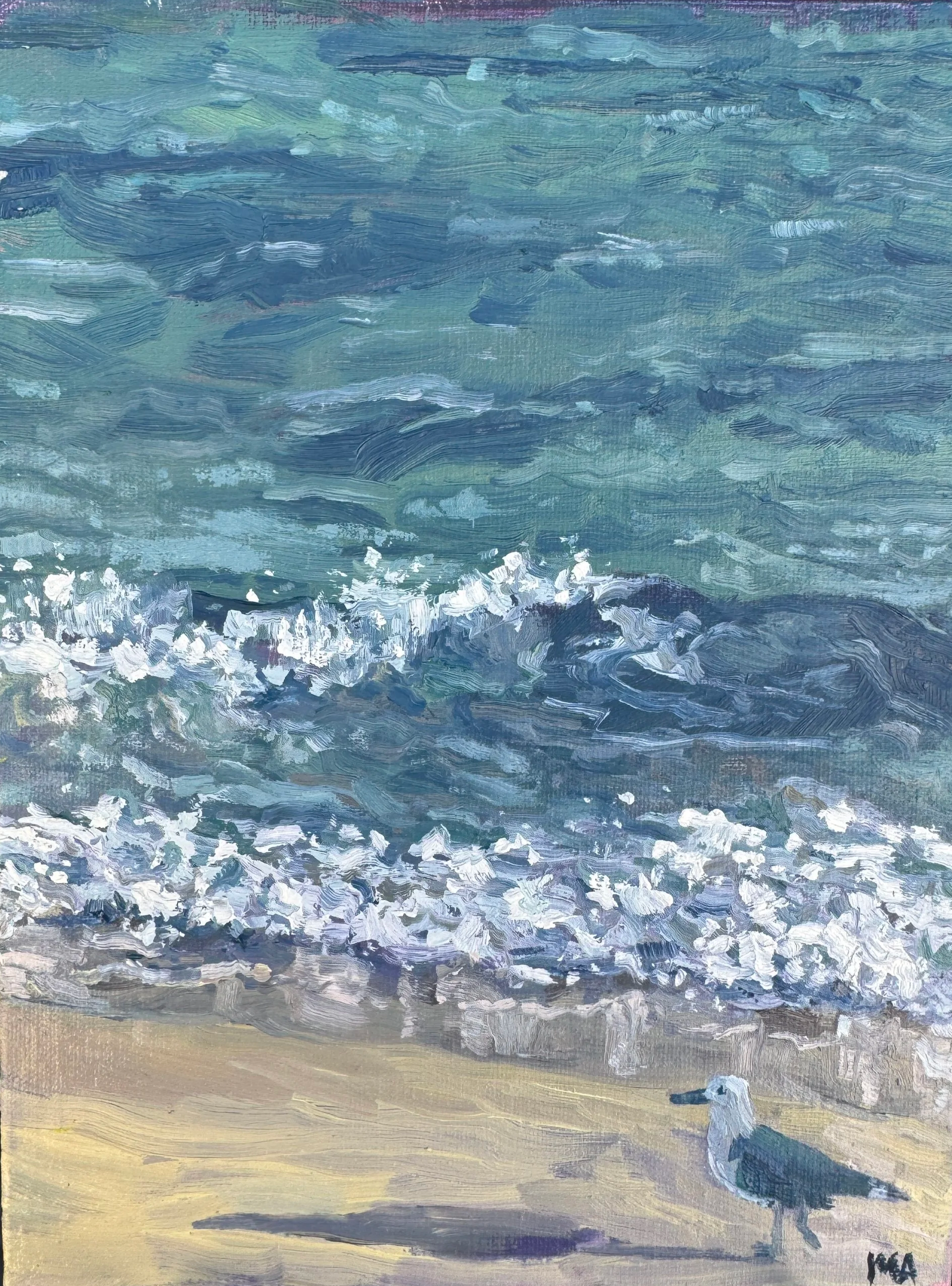 Orange Beach Gull, 2025, oil on panel, 8x6 | Irena quickly reassured me I could come stay with her for an extra week. Thank god for good old friends! Yet I was riddled with guilt–I was taking up so much space with my entire carload of my mobile life,