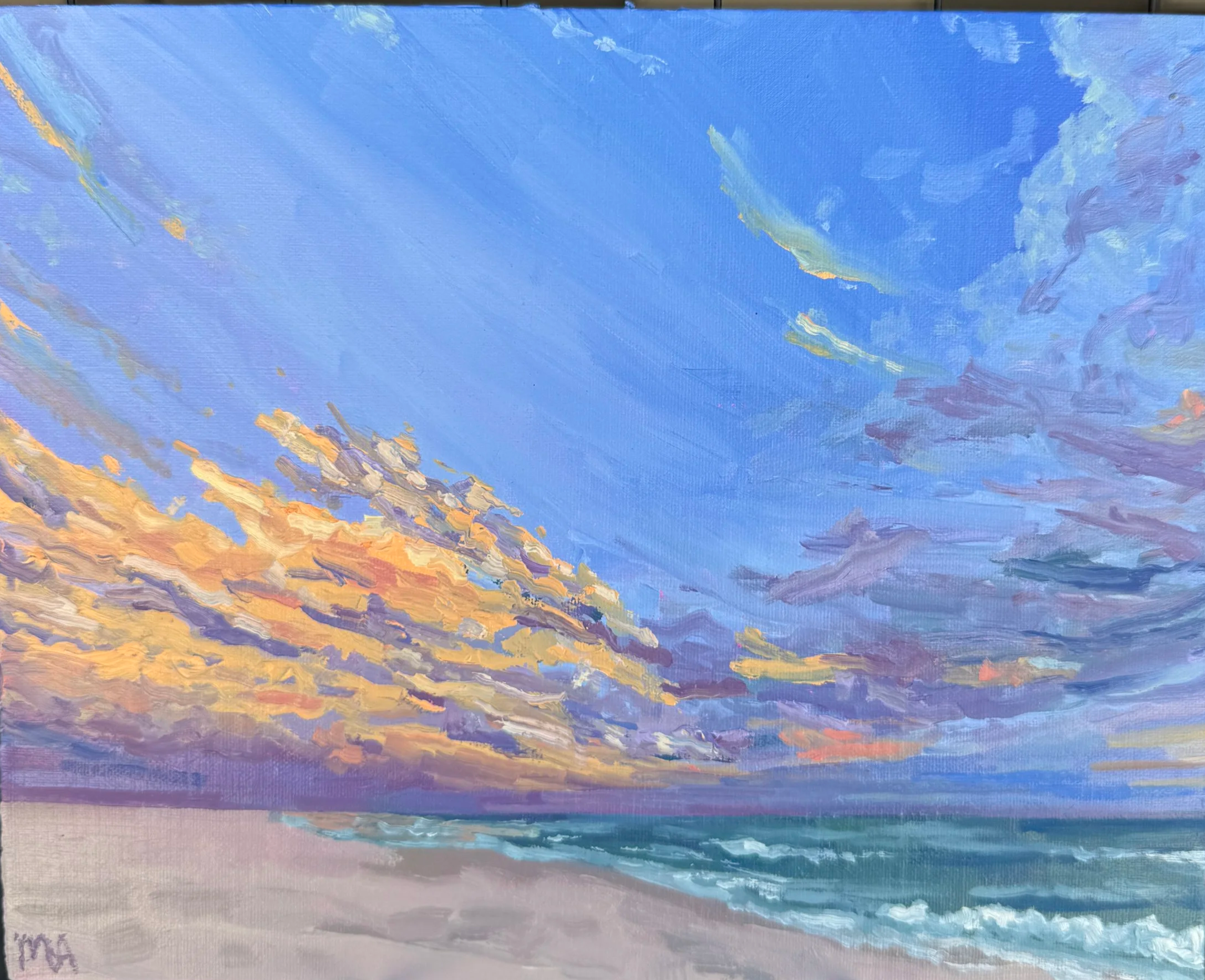 Orange Beach at Dusk, 2025, oil on panel, 8x10 | Our long weekend wrapped and I headed to Baton Rouge to settle in for the next two weeks with Irena. I actually painted this beach scene on her porch–the slow mornings in the Southern heat do something