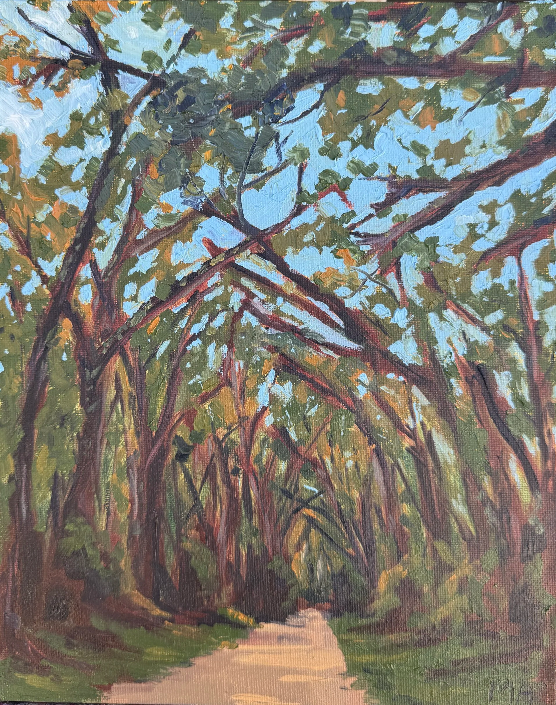 Golden Glimmers, 2026, oil on panel, 8x10 | Irena and I had many adventures strolling along live oak tree-lined roads and birdwatching while I was in Louisiana. I’d been to Louisiana many, many times before but this time I felt like I was paying clos