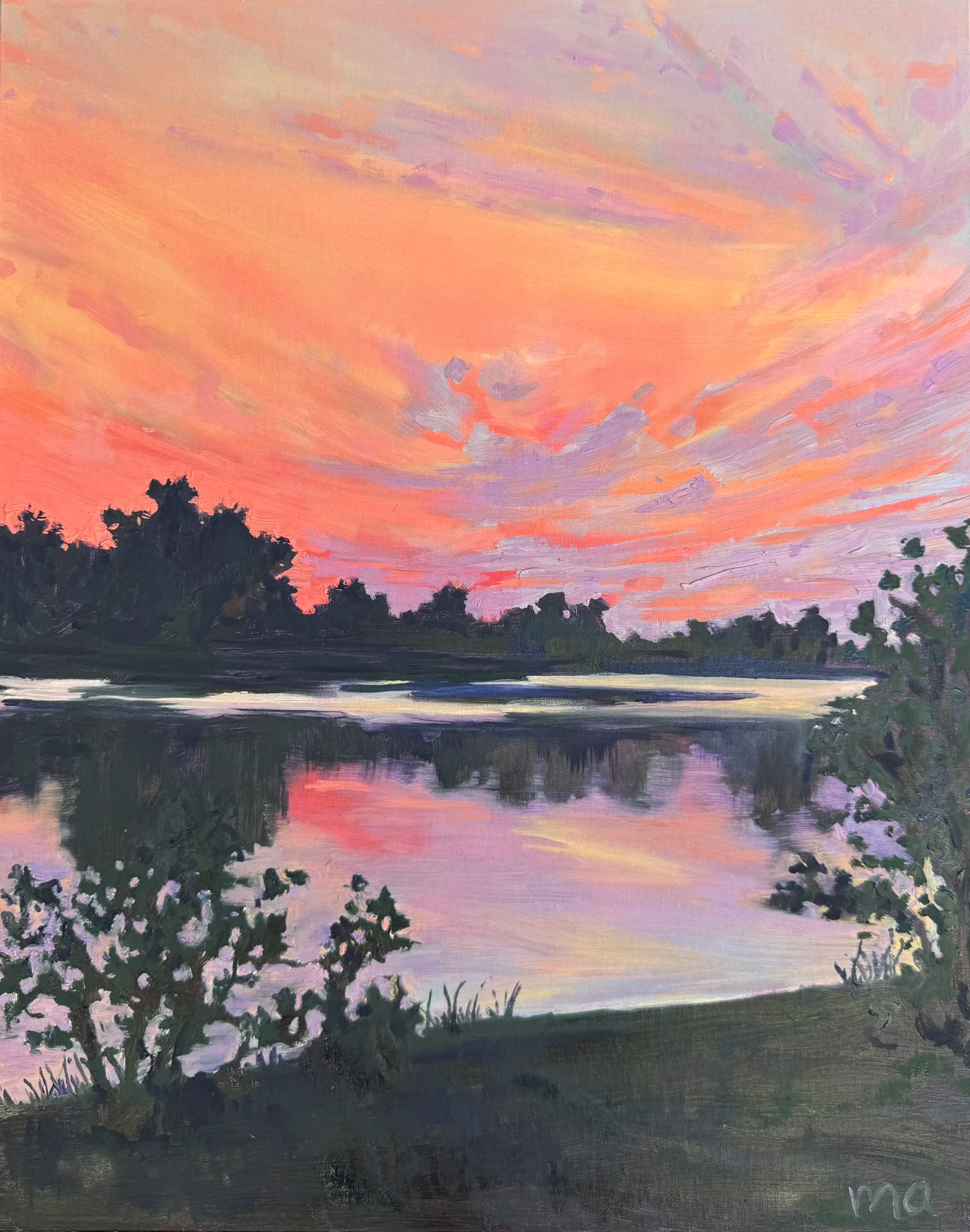 Absolute Burner, 2026, oil on panel, 16x20 | While I was staying with Irena in Baton Rouge, we took a walk around the lakes near Louisiana State University’s campus. Unfortunately, they happened to be dredging the lakes at the time and the smell was 