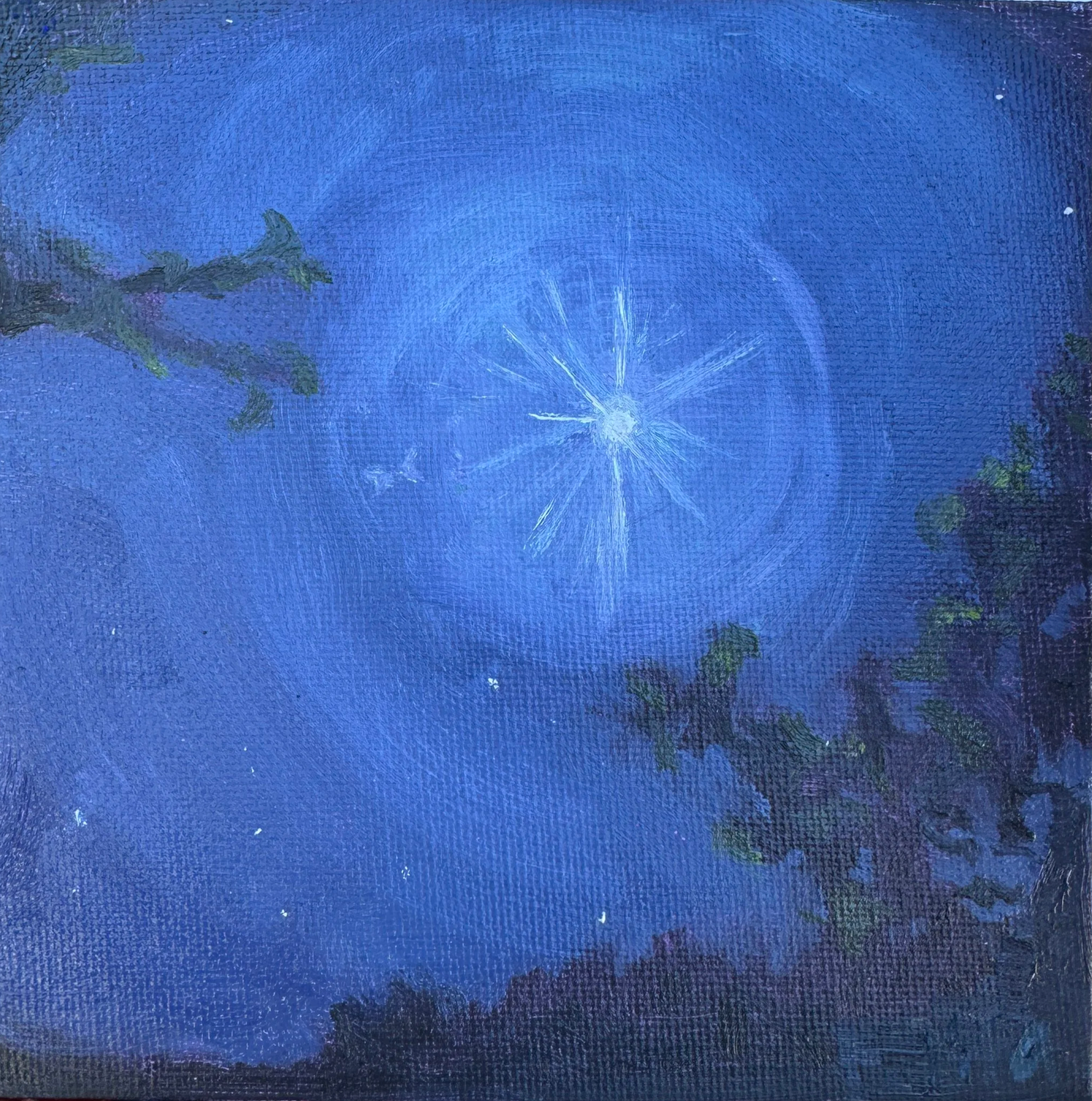 Big Sky, Little Space, 2025, oil on panel, 5x5 | I had the pleasure of witnessing the full Harvest Moon while I was on the ranch, and I was so thankful it was there (I’m afraid of the dark…!). I don’t know if it was the full moon or possibly the wild