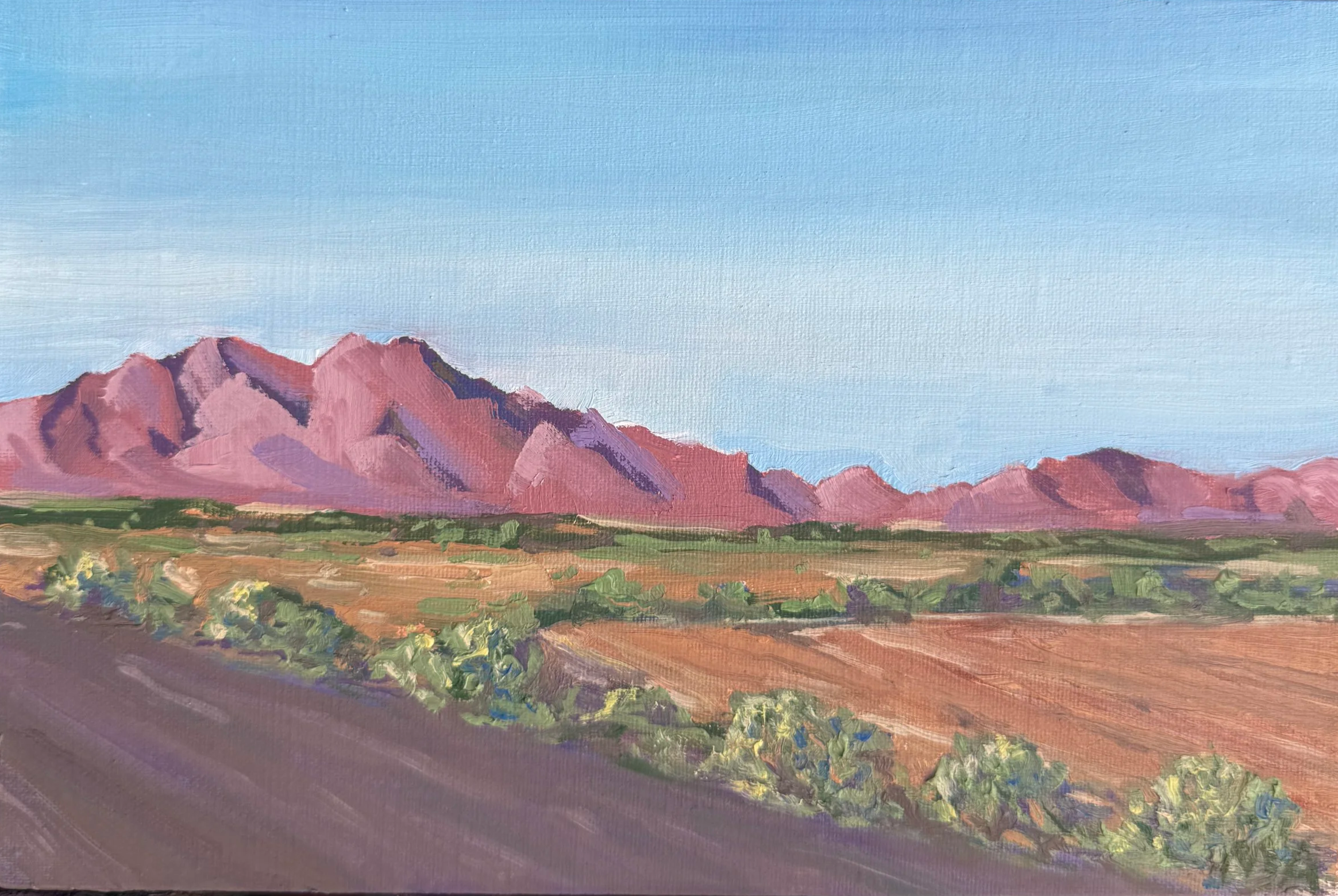 Lonely Road View, 2026, oil on panel, 6x9 | I can’t actually remember if this road was in Arizona or California. At this point, I felt like I was dragging a corpse to the finish line. I was so close to my final destination and was also so sick. I had