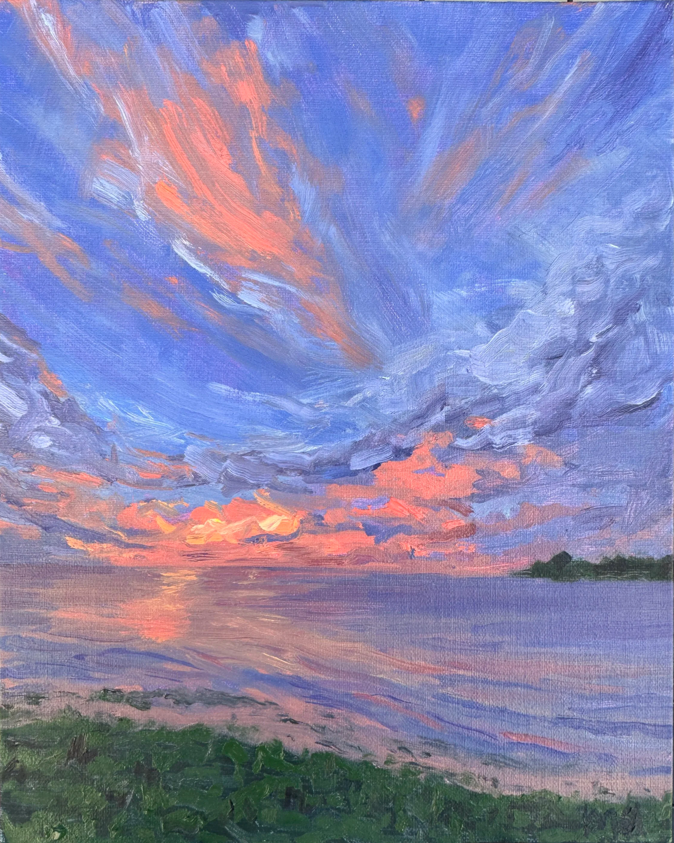 Last Moments of Sun, 2026, oil on panel, 8x10 | I had barely arrived in California when I had to leave again. I dropped Petri off with a friend and boarded a plane for Guam–I stayed for two months while Greg finished his duty time there. At first, it