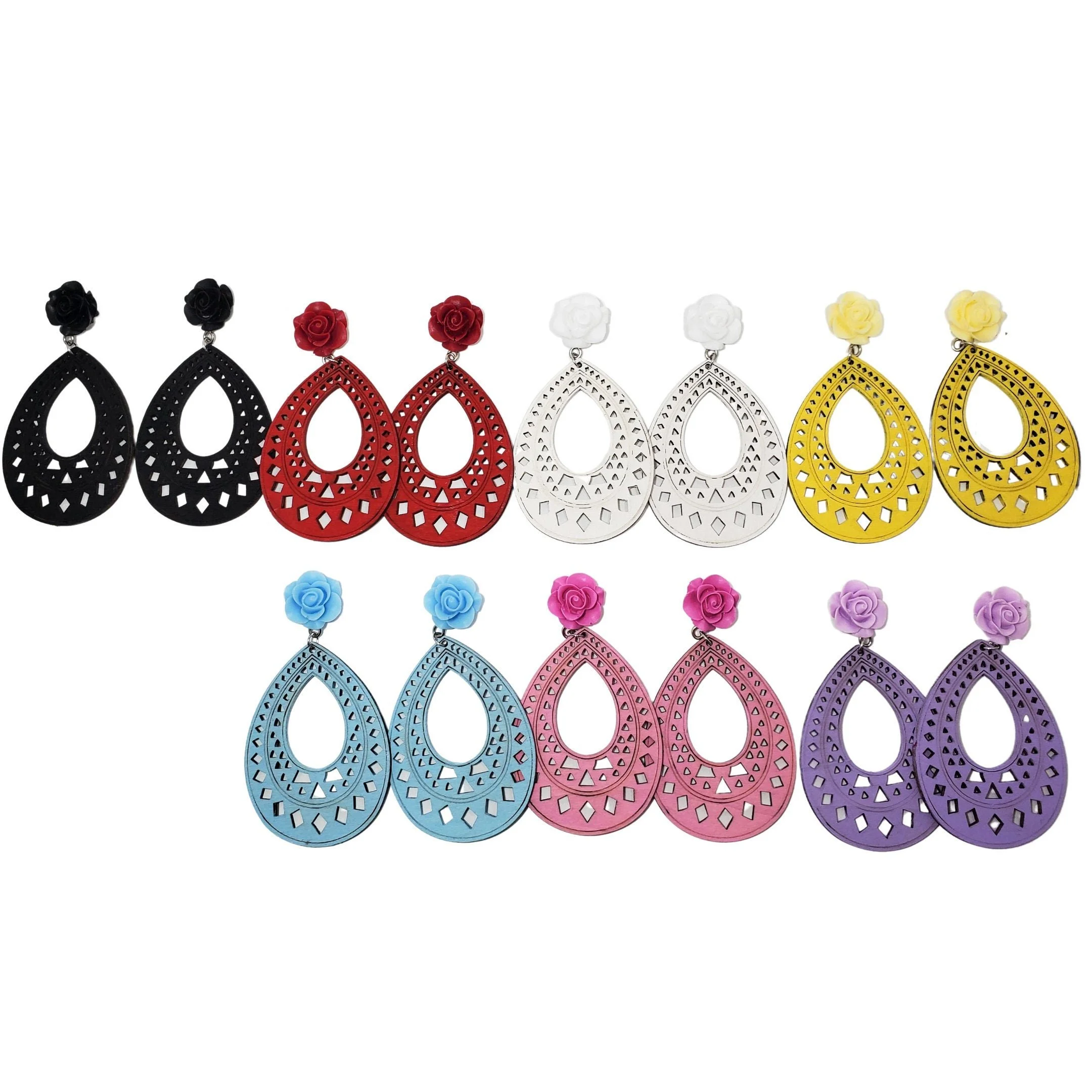 Vintage rose Tear Drop wooden earrings