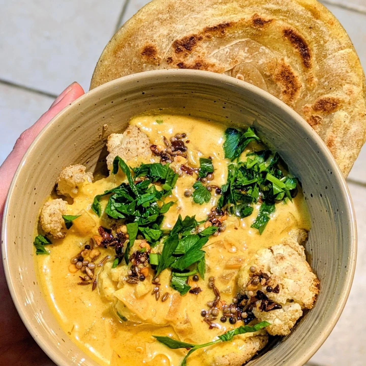 Garam masala roast cauliflower in a deliciously tangy tumeric raita and a sharp mustard seed tadka with buttery paratha courtesy of @abrowntable's book A Flavor Equation (one of my all time favorite cookbooks that I own but rarely visit). 

Started a