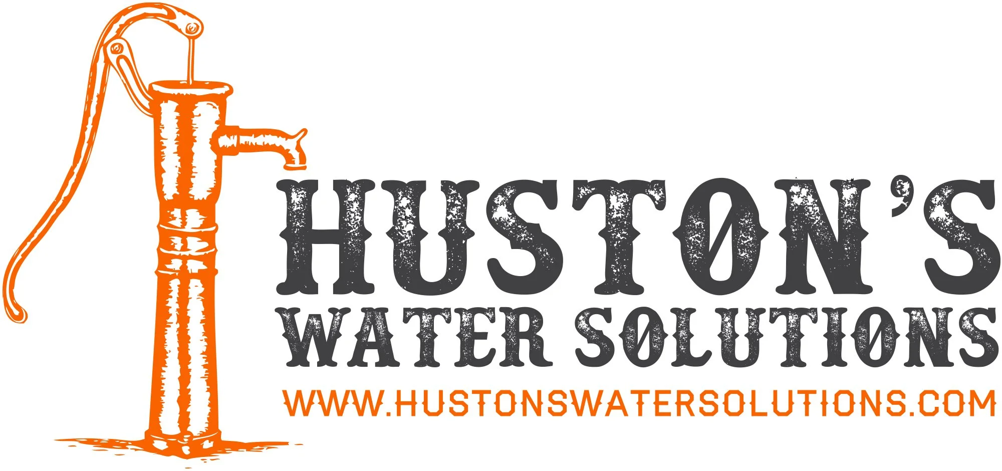 Logo for Huston's Water Solutions featuring an orange water pump and the company website