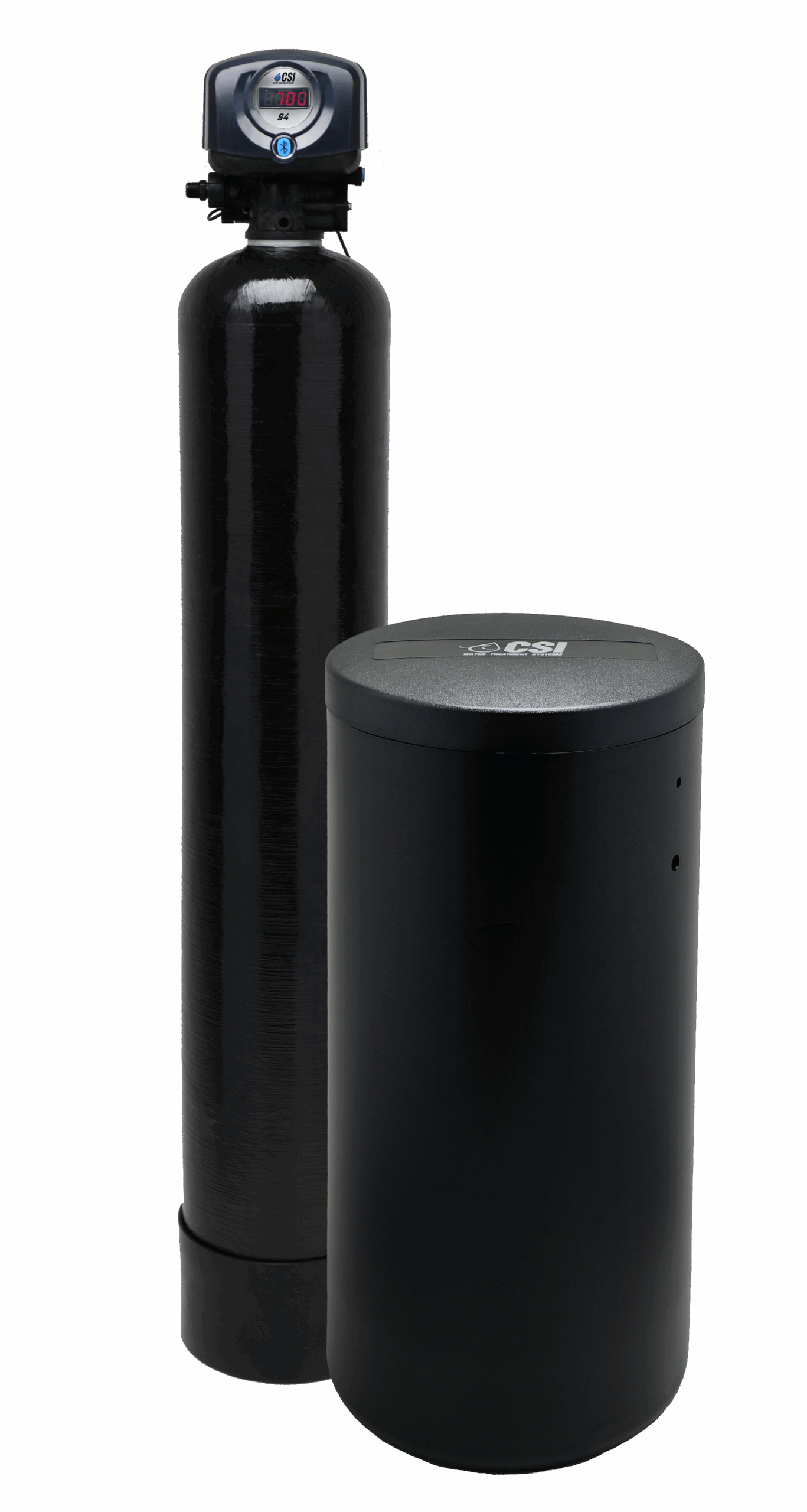 Black water softener tank with a digital control head on top and a large black brine tank beside it, both labeled with the CSI logo.