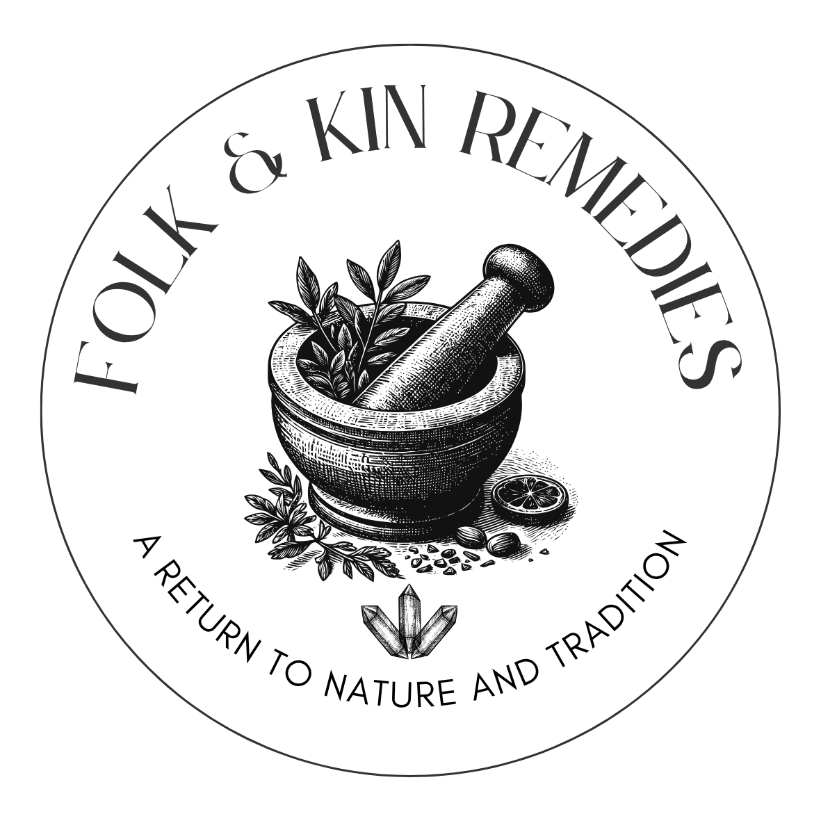 Vintage-style logo for Folk & Kin Remedies featuring a mortar and pestle with herbs, lemon slice, and seeds, with circular text reading 'Folk & Kin Remedies' and 'A Return to Nature and Tradition'.
