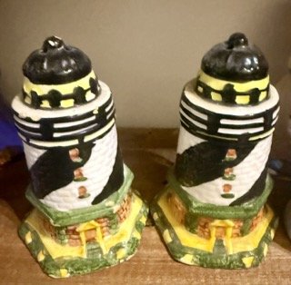 Vintage Ceramic Figural Salt Pepper Shakers Lighthouse Pair Hand Painted