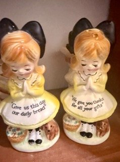 Vintage Hand Painted Ceramic Salt and Pepper Shakers, Girls with bows Japan Mid Century
