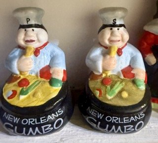 NOLA Gumbo Figural Chef salt and pepper shakers, ceramin