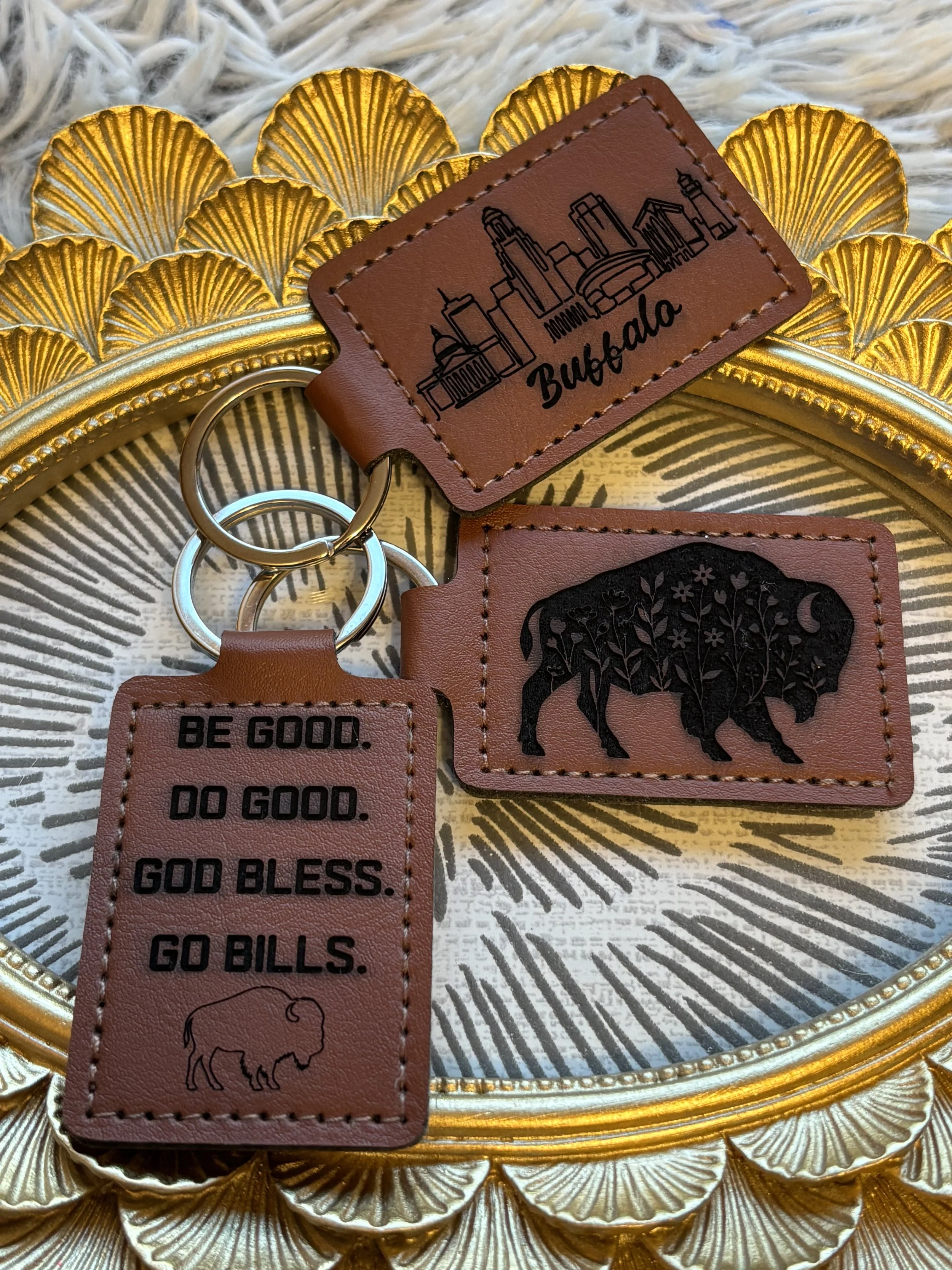 Buffalo-Themed Laser Engraved Leather Keychain