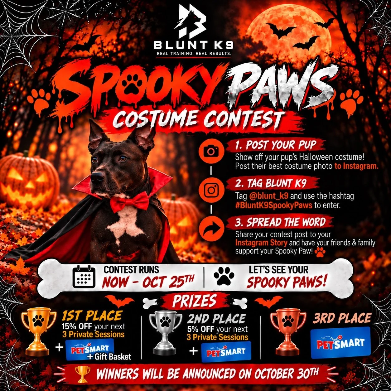 🎃🐾 FOR THE FIRST TIME EVER&hellip; BLUNT K9&rsquo;S SPOOKY PAWS COSTUME CONTEST IS HERE! 👻🔥

Halloween is around the corner, and we&rsquo;re bringing some spooky fun to the Blunt K9 family! Get creative, dress up your pup, and show us what you&rs
