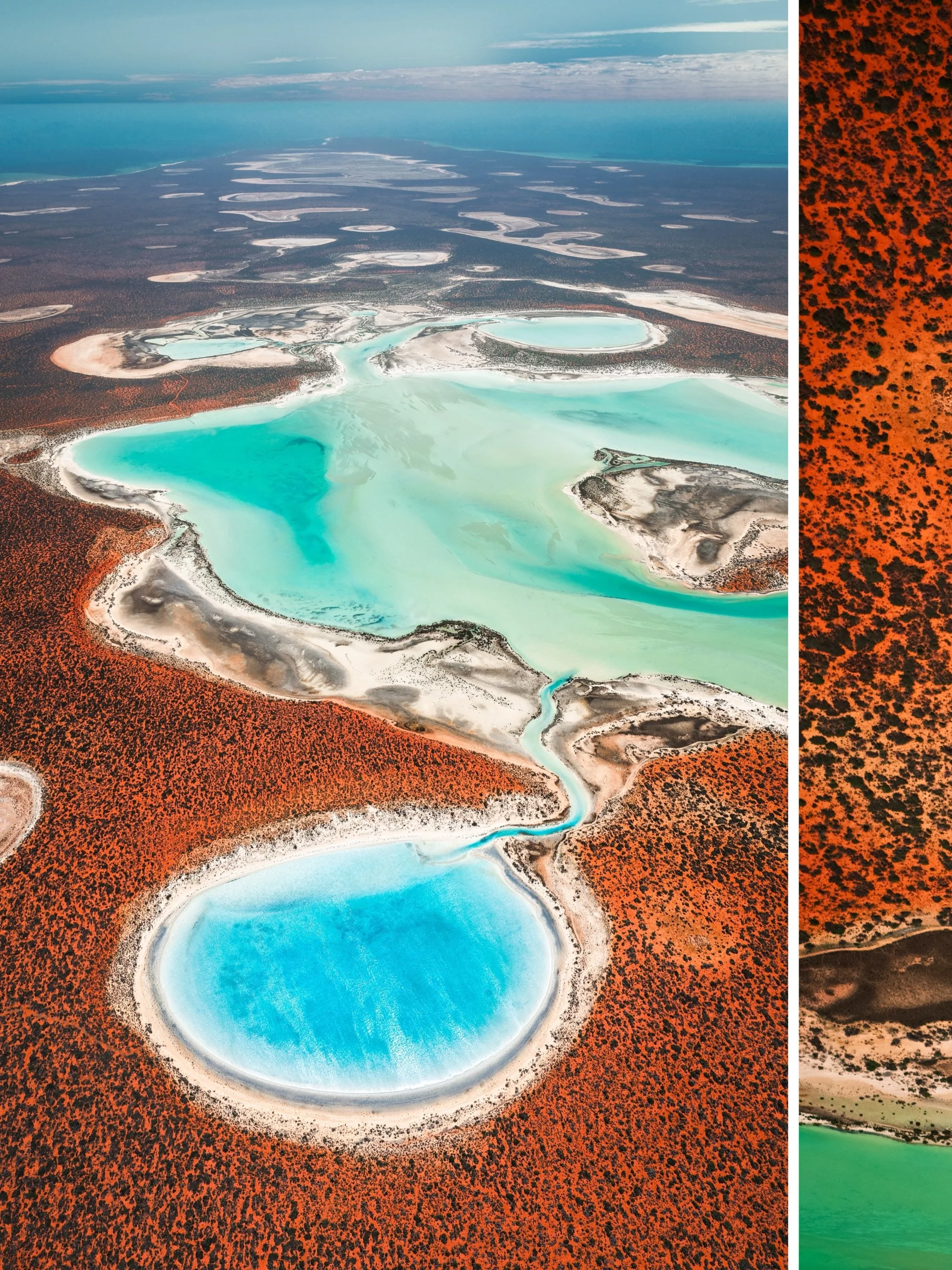 Different sort of layout this time around - But still the unreal colours and textures of Shark Bay, Western Australia. Around the Big Lagoon area, the mix of bright salt flats, shallow turquoise water and winding tidal patterns looks almost too wild 