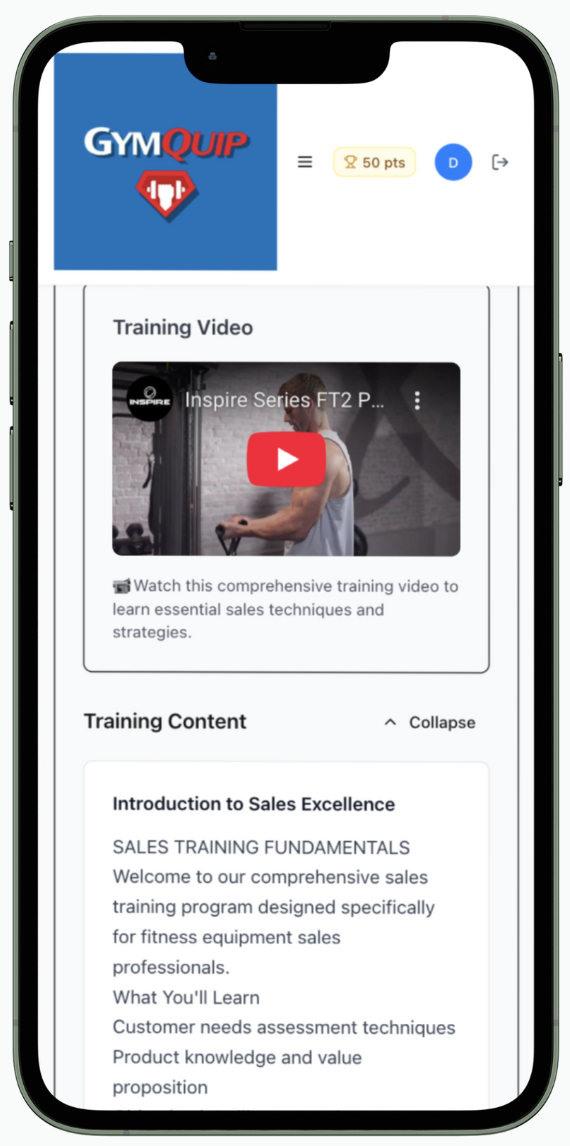 Mobile phone screen displaying a fitness training website called GYMQUIP with a training video and sales training content.
