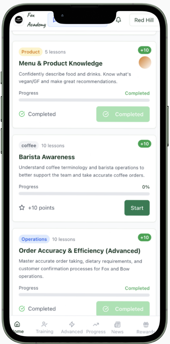 Mobile phone displaying an educational app showing courses on food and drinks menu knowledge, coffee awareness, and order accuracy. Courses are marked as completed or in progress.