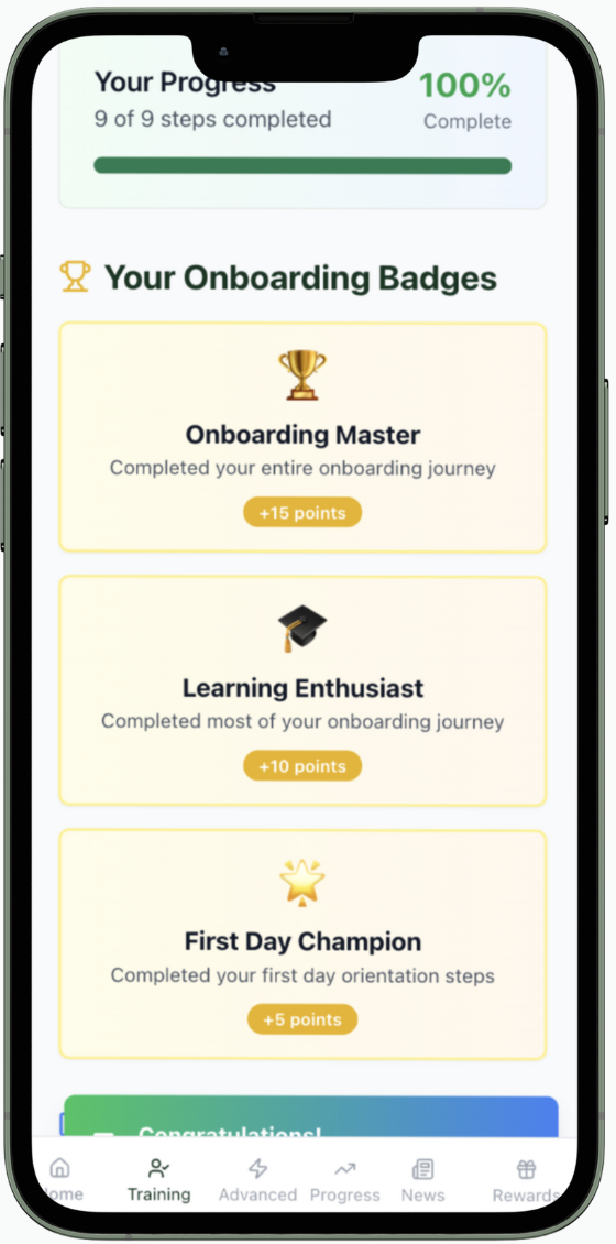 Mobile screen displaying a progress tracker with 100% completion of 9 out of 9 steps, and three onboarding badges: Onboarding Master with a gold trophy icon and +15 points, Learning Enthusiast with a graduation cap icon and +10 points, First Day Cham