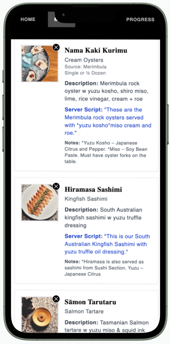 Mobile screen displaying a restaurant menu with three dishes: Nama Kaki Kurimu, Cream Oysters with yuzu kosho, shiro miso, lime, rice vinegar, and cream; Hiramasa Sashimi, South Australian kingfish sashimi with yuzu truffle oil dressing; and Sāmon Ta