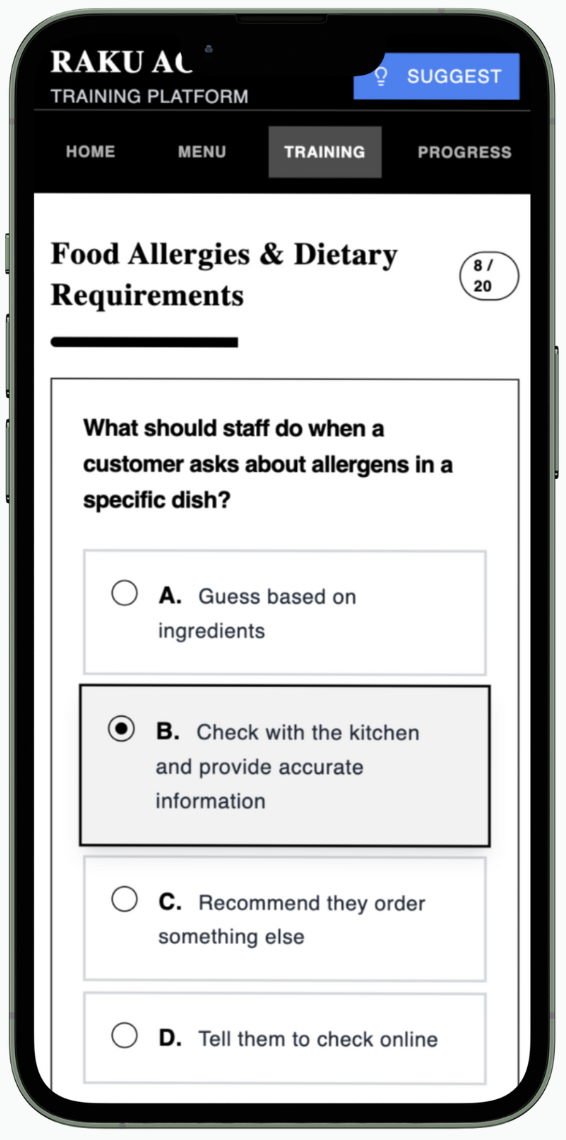 Mobile screen displaying a training platform with a quiz on food allergies and dietary requirements, and the highlighted answer indicating staff should check with the kitchen for accurate information.