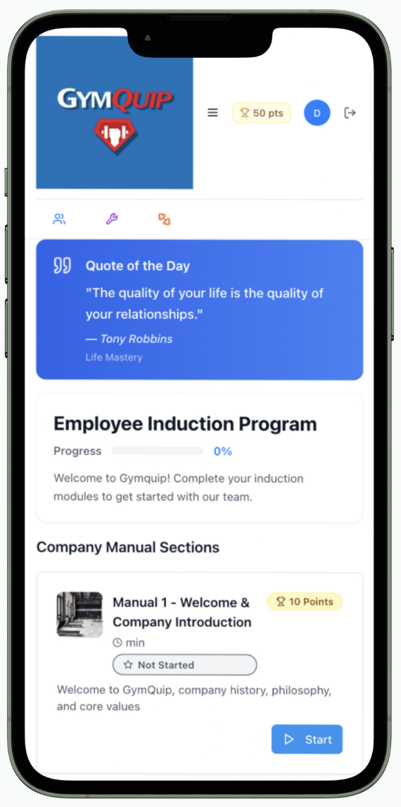Training app screen displaying GymQuip logo, quote of the day, employee induction progress at 0%, and company manual section with Manual 1 - Welcome & Company Introduction, with a start button.