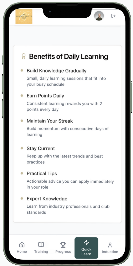 Smartphone screen displaying a webpage titled 'Benefits of Daily Learning' with bullet points about building knowledge, earning points, maintaining a streak, staying current, practical tips, and expert knowledge. The phone has a navigation bar at the