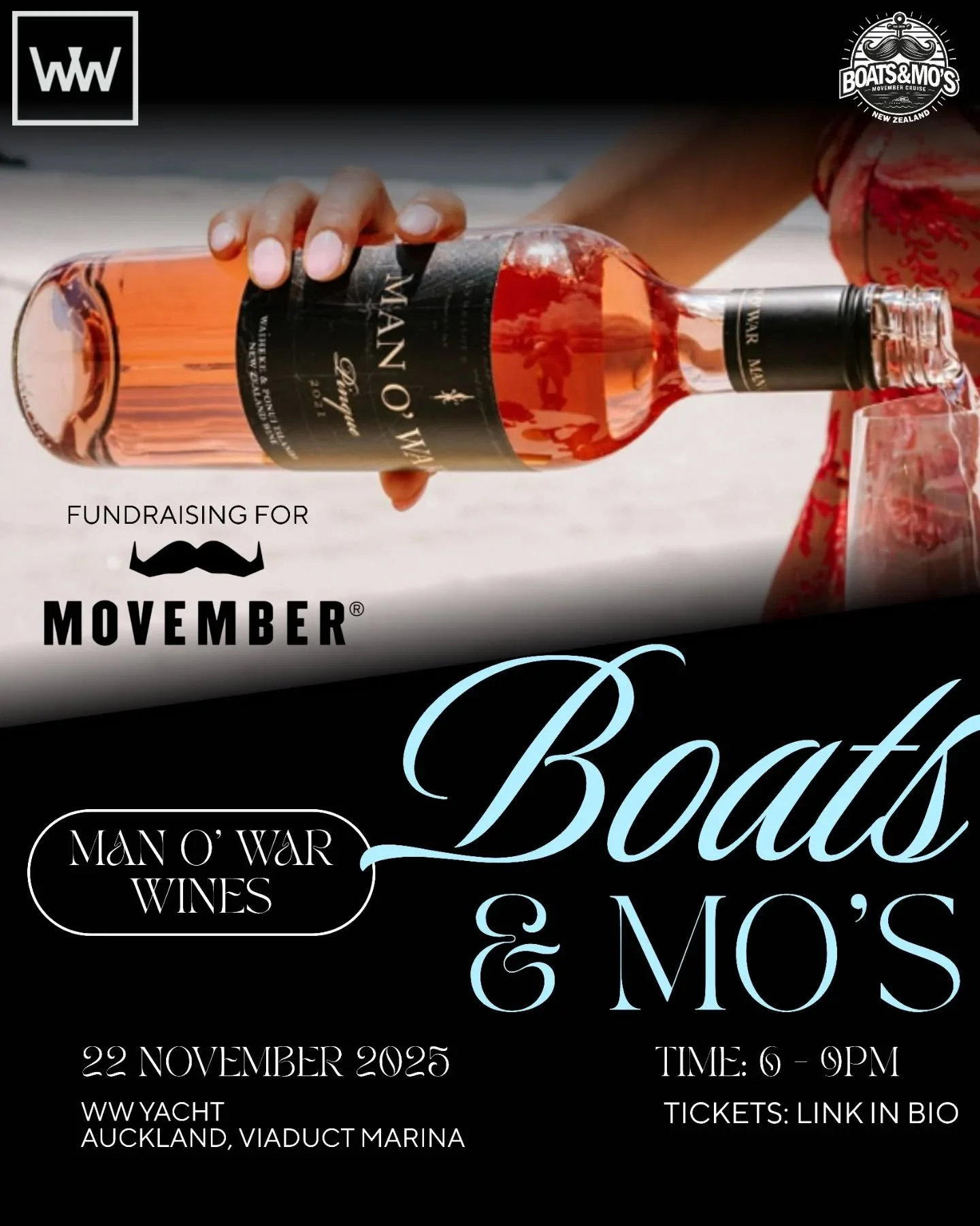 🌊 Boats & Mo’s is back - And this year, we’re pouring for a cause! 🍷⚓️
Join us Saturday 22 Nov, 6–9pm aboard the luxury WW yacht for an unforgettable sunset cruise -  featuring Man O’ War wines from Waiheke Island.
ALL