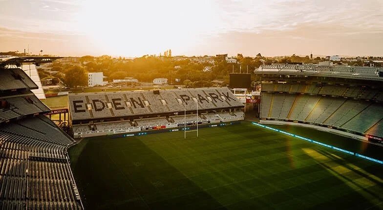 Eden Park, the national stadium of New Zealand, during sunset.