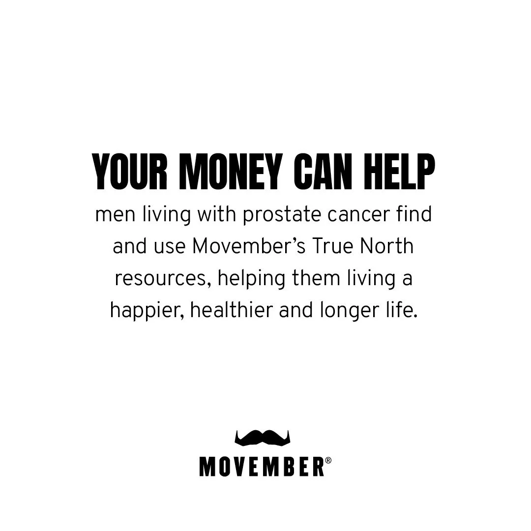 Advertisement encouraging donations to help men with prostate cancer, featuring bold text and a mustache logo for Movember.