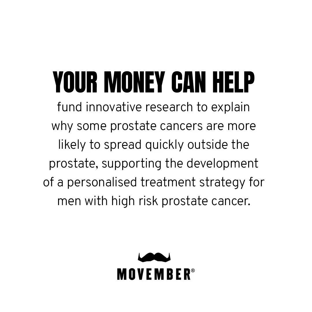 Text promoting funding innovative research on prostate cancer spread, with the Movember logo featuring a mustache.
