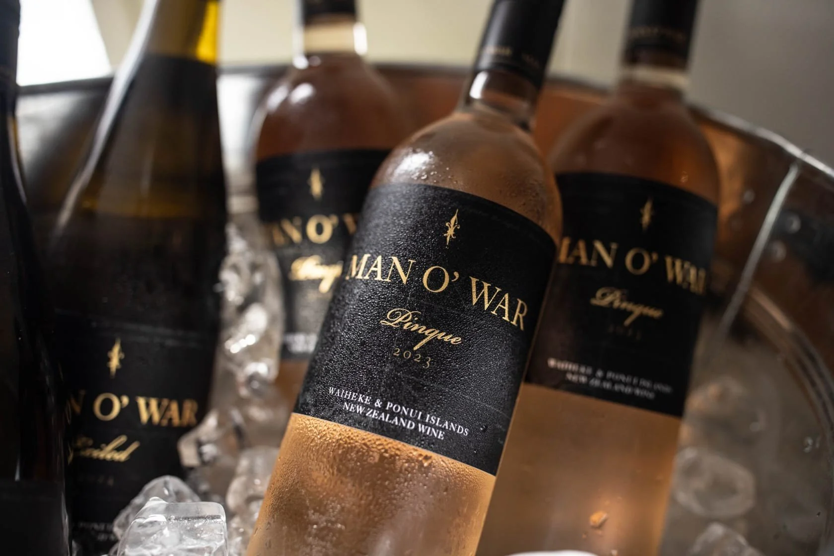 Several bottles of pink wine labeled 'MAN O' WAR Pinotque 2023' with condensation on the bottles, chilling in a bucket of ice.
