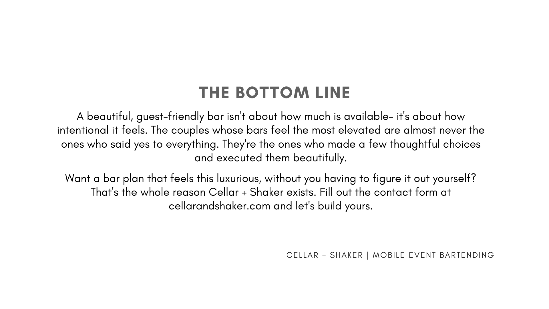 Making your bar feel intentional isn't an easy task, but Cellar + Shaker is Southern California's solution for dry hire event bartending. Let's create your event bar menu with luxury and intention today. Available for Weddings, birthdays, engagement,