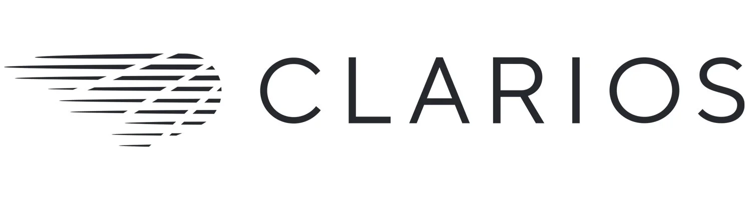 Logo for Clarios featuring a stylized globe with horizontal lines to the left of the company name.