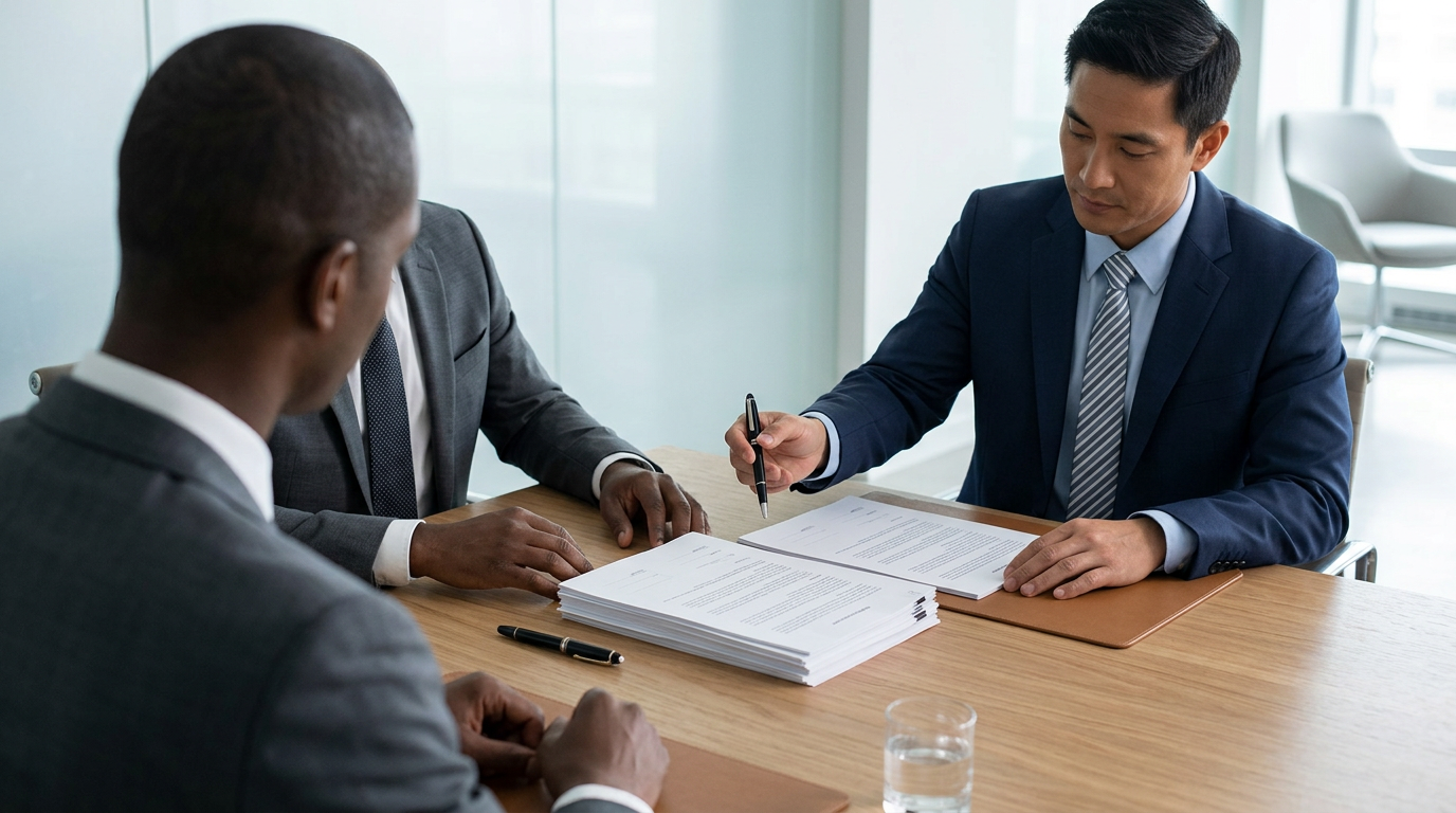 image of  two people signing for a deal