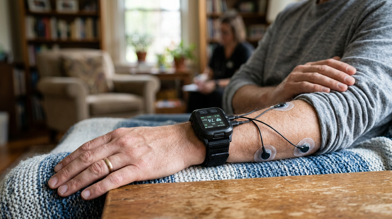 Patient at home wearing a remote monitoring wearable device with ECG electrodes, illustrating virtual ward technology and digital triage in community healthcare.