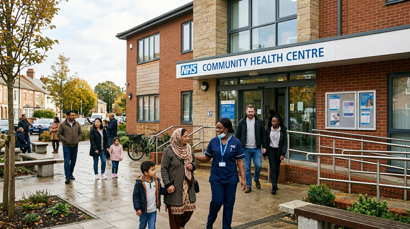 NHS community health centre building with nurse and patients outside, representing the shift of care from hospitals to community settings under the NHS 10-Year Health Plan.