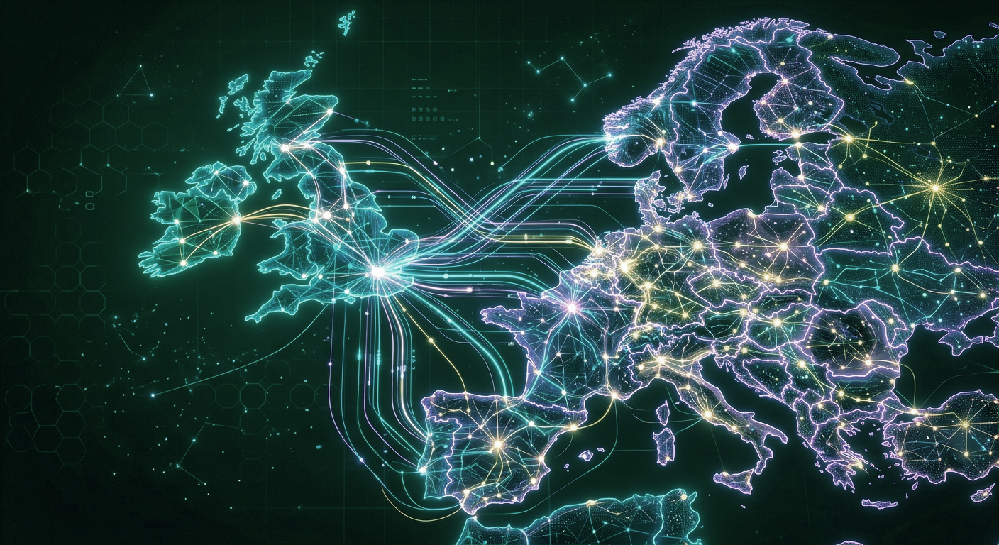 Digital map visualising connectivity between the UK and European Union, illustrating cross-border regulatory alignment