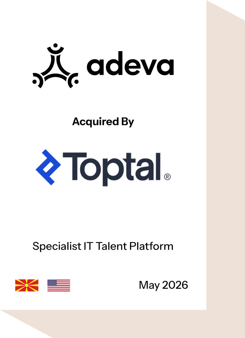 A graphic image displaying information that states "Adeva, acquired by Toptal. Specialist IT Talent Platform, May 2026"