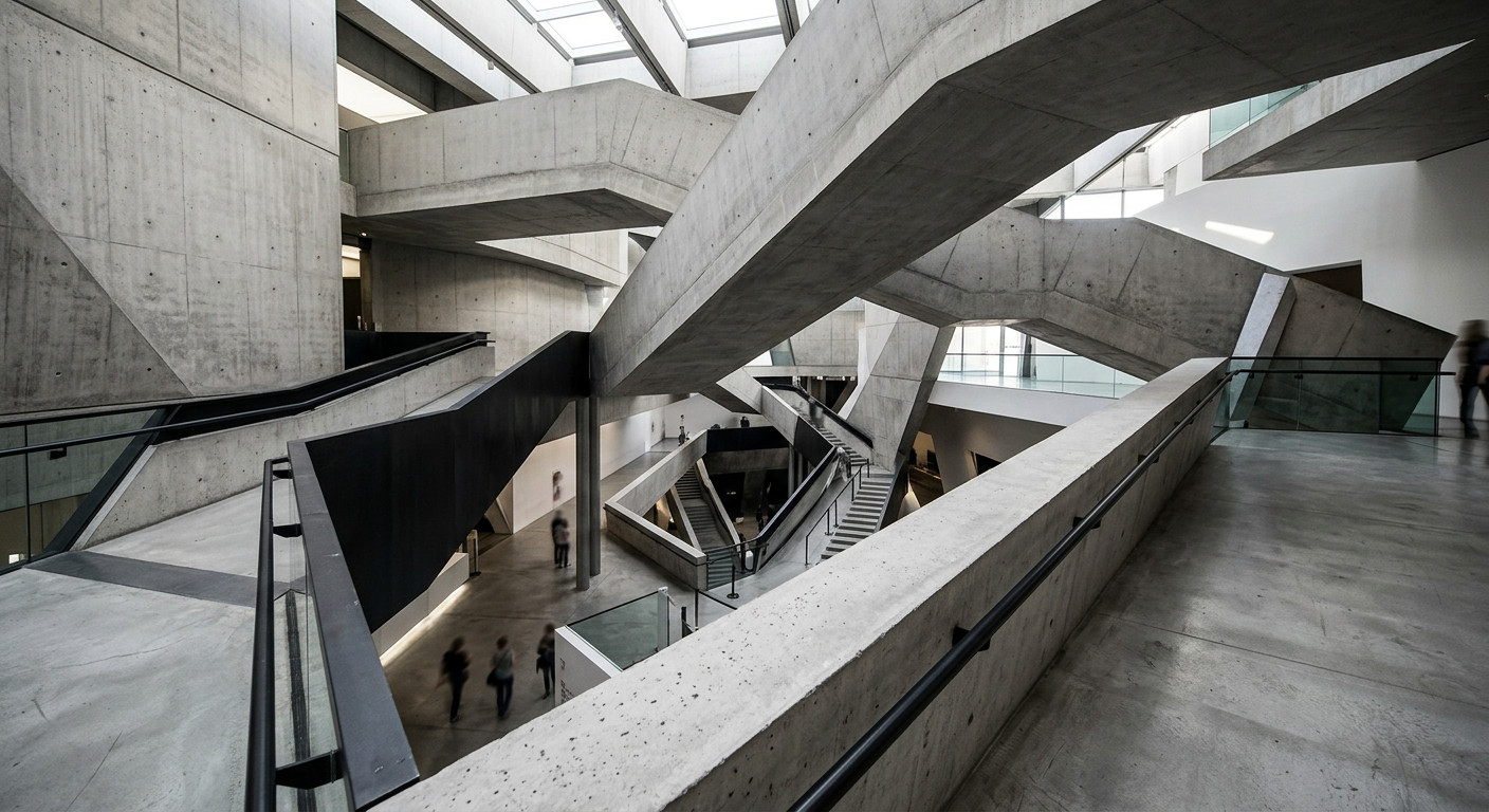 a photograph of the interior of a modernist building, showing angular staircases converging